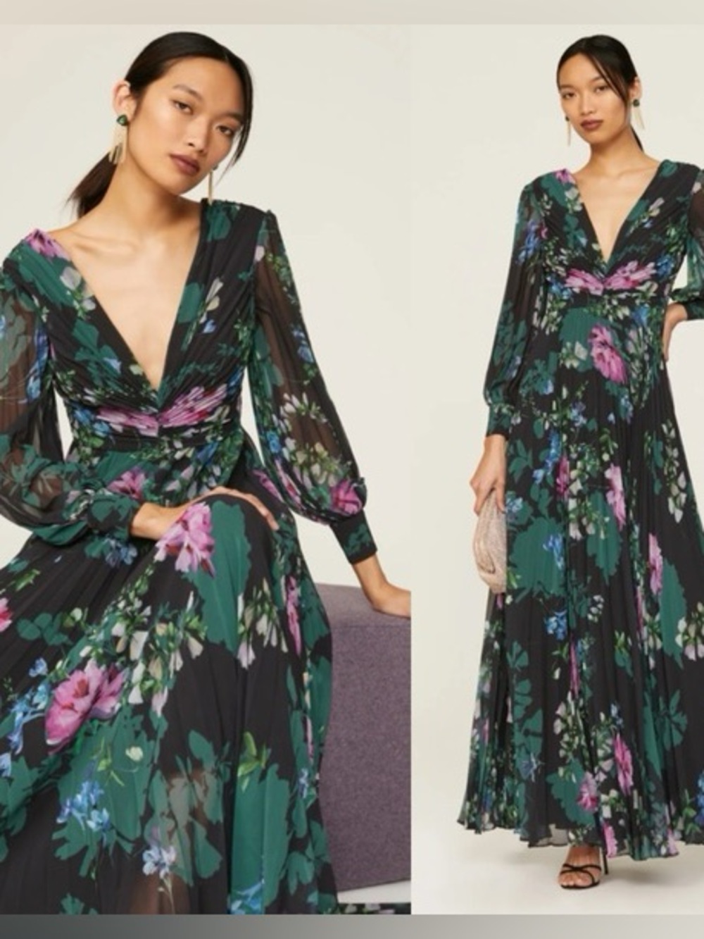 Badgley Mischka pleated floral gown size 14